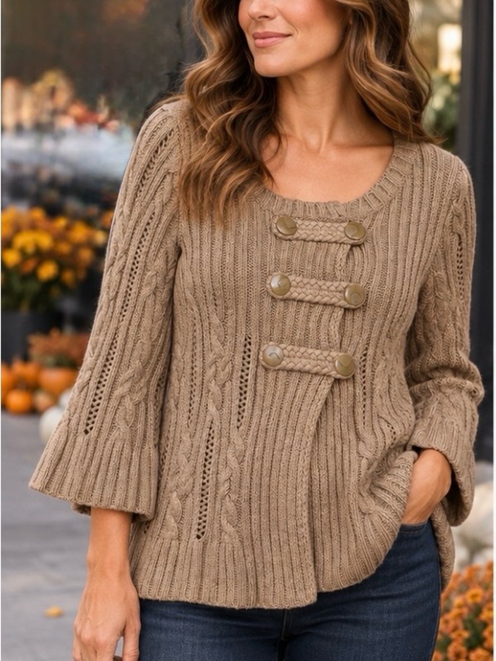 Heather B Cable Knit Cardigan Sweater Large Taupe Toggle Button Boho Fall